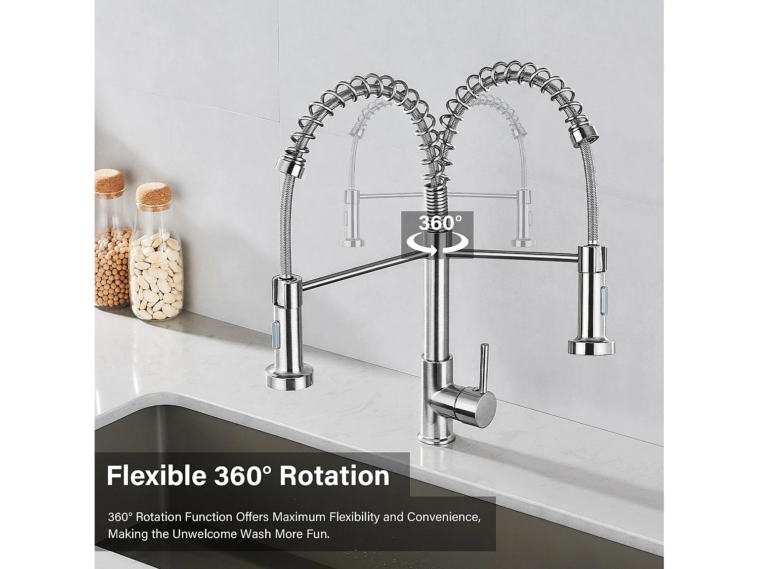 Mélangeur de cuisine, douchette orientable 360°, finition laiton