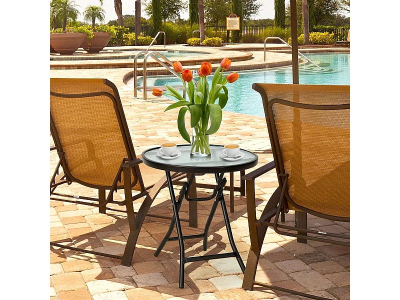 Table de Jardin Bistro Pliante φ46x47cm en Verre&Acier pour Intérieur Extérieur Patio Balcon Terrasse Charge 50 kg Noir