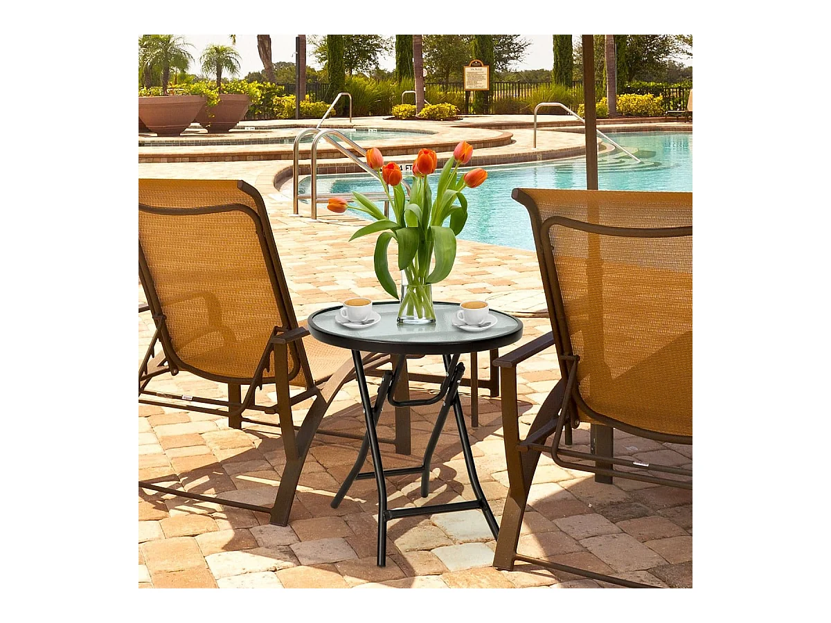 Tavolo rotondo da pranzo per patio con piano in vetro temperato, Tavolo con telaio antiruggine e struttura a X