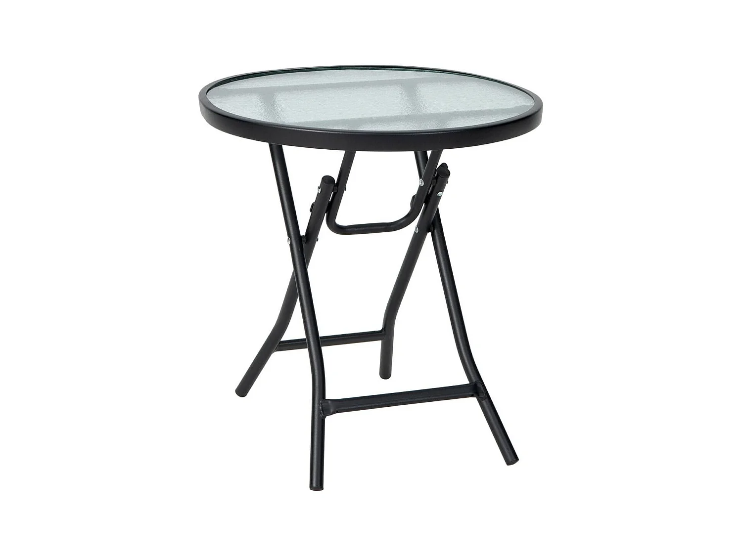 Tavolo rotondo da pranzo per patio con piano in vetro temperato, Tavolo con telaio antiruggine e struttura a X