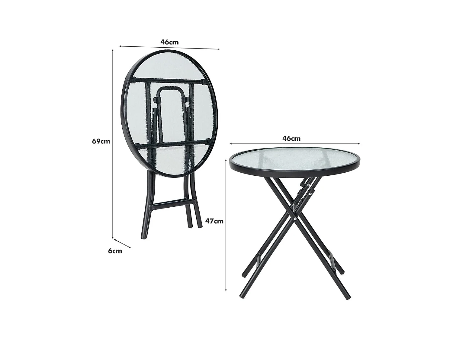 Tavolo rotondo da pranzo per patio con piano in vetro temperato, Tavolo con telaio antiruggine e struttura a X