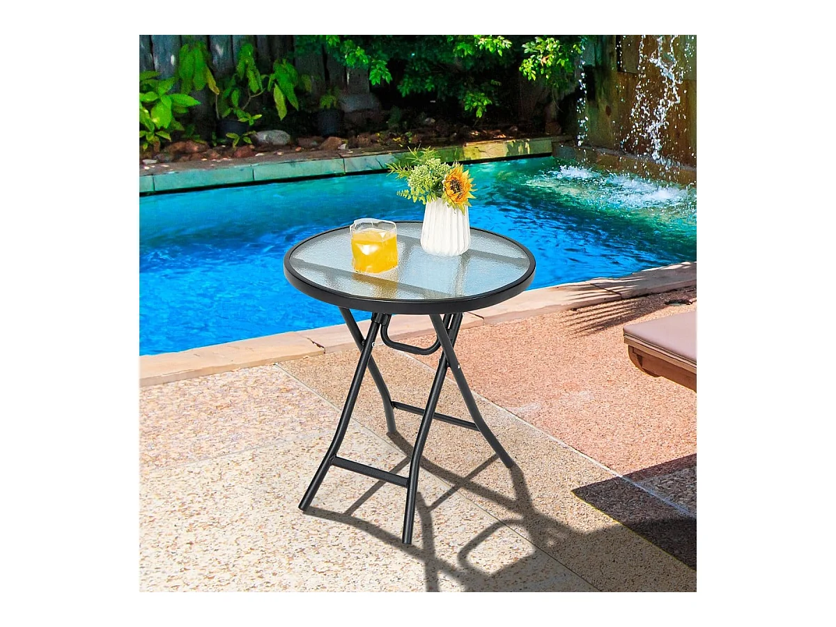 Tavolo rotondo da pranzo per patio con piano in vetro temperato, Tavolo con telaio antiruggine e struttura a X