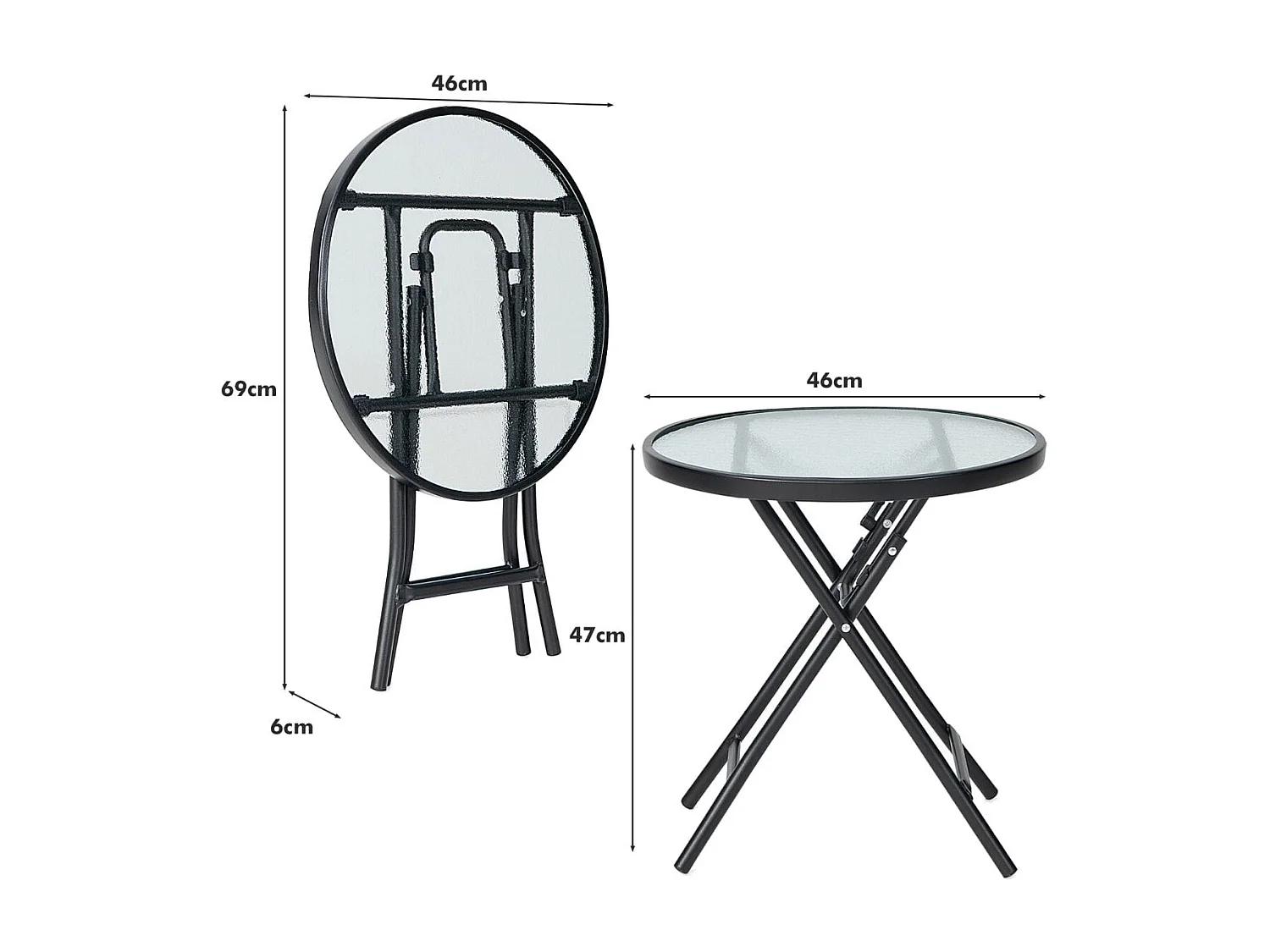 Terrassen-Esstisch Runder Glastisch mit Tischplatte aus Gehärtetem Glas 46,5 x 46,5 x 47,5 cm Schwarz