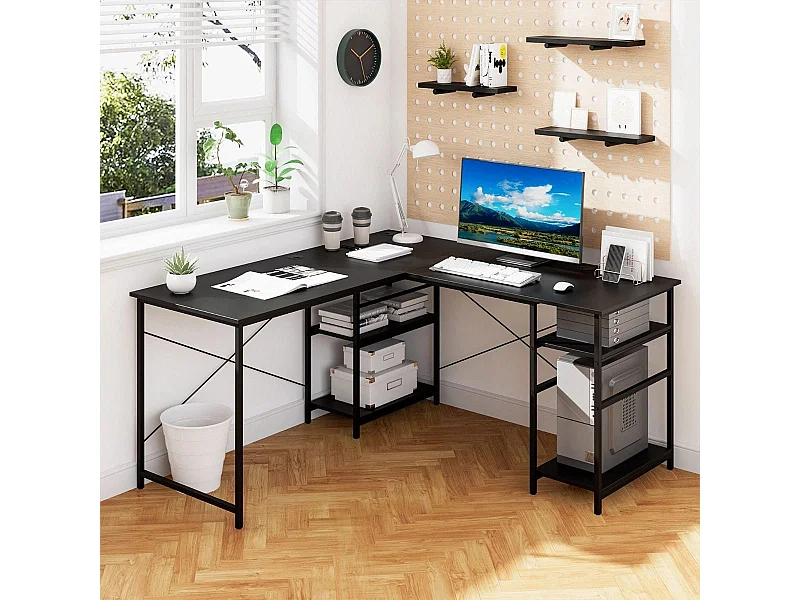 Bureau d'Angle 151 x 151 x 75 CM Ajustable à Bureau Droit 4 Etagère de Rangement Grand Table pour 2 Personnes Noir