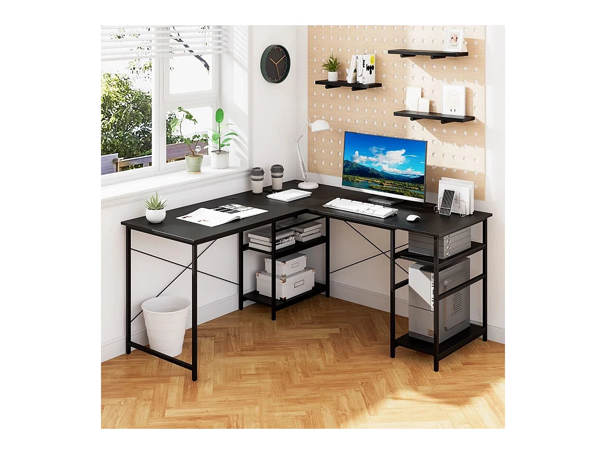 Schreibtisch L-Form Reversibler Eckschreibtisch mit 4 Ablagen 151 x 151 x 75 cm Schwarz
