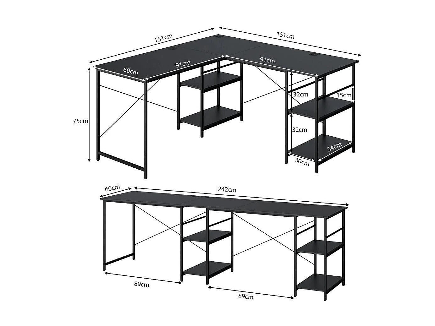Ampia scrivania per computer a forma di L, Scrivania ad angolo convertibile con 4 ripiani di stoccaggio Nero