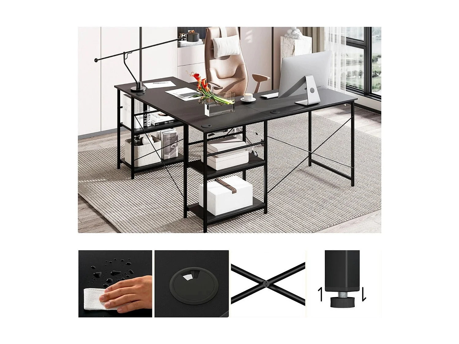 Ampia scrivania per computer a forma di L, Scrivania ad angolo convertibile con 4 ripiani di stoccaggio Nero