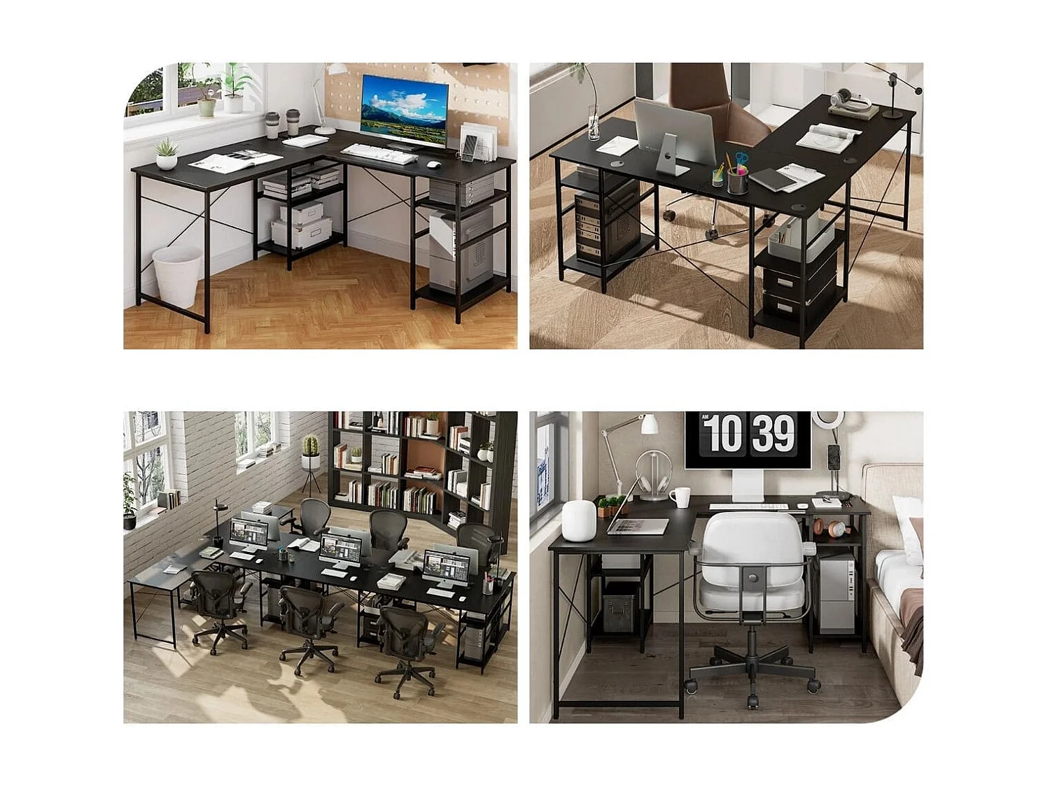 Ampia scrivania per computer a forma di L, Scrivania ad angolo convertibile con 4 ripiani di stoccaggio Nero