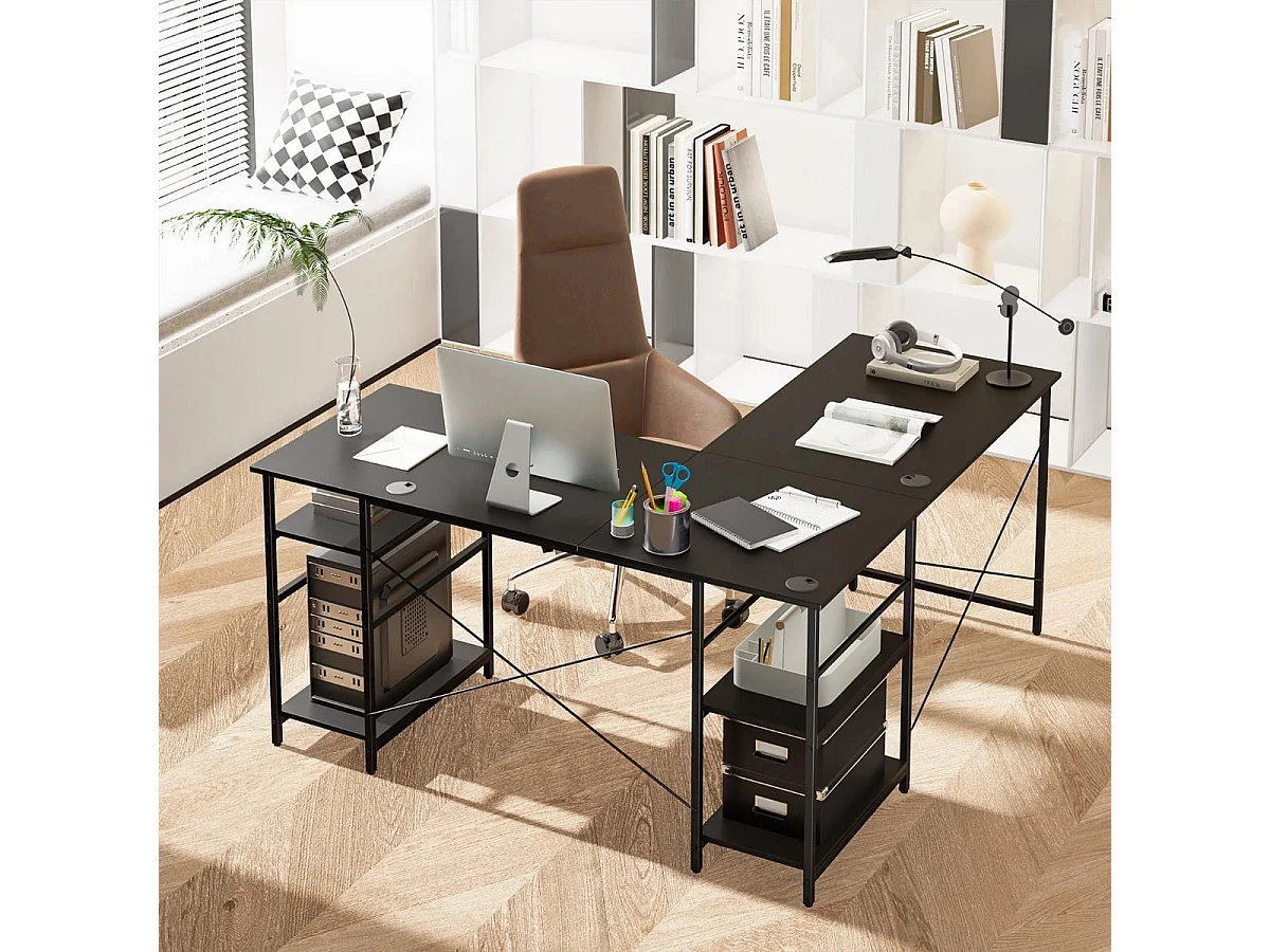 Ampia scrivania per computer a forma di L, Scrivania ad angolo convertibile con 4 ripiani di stoccaggio Nero