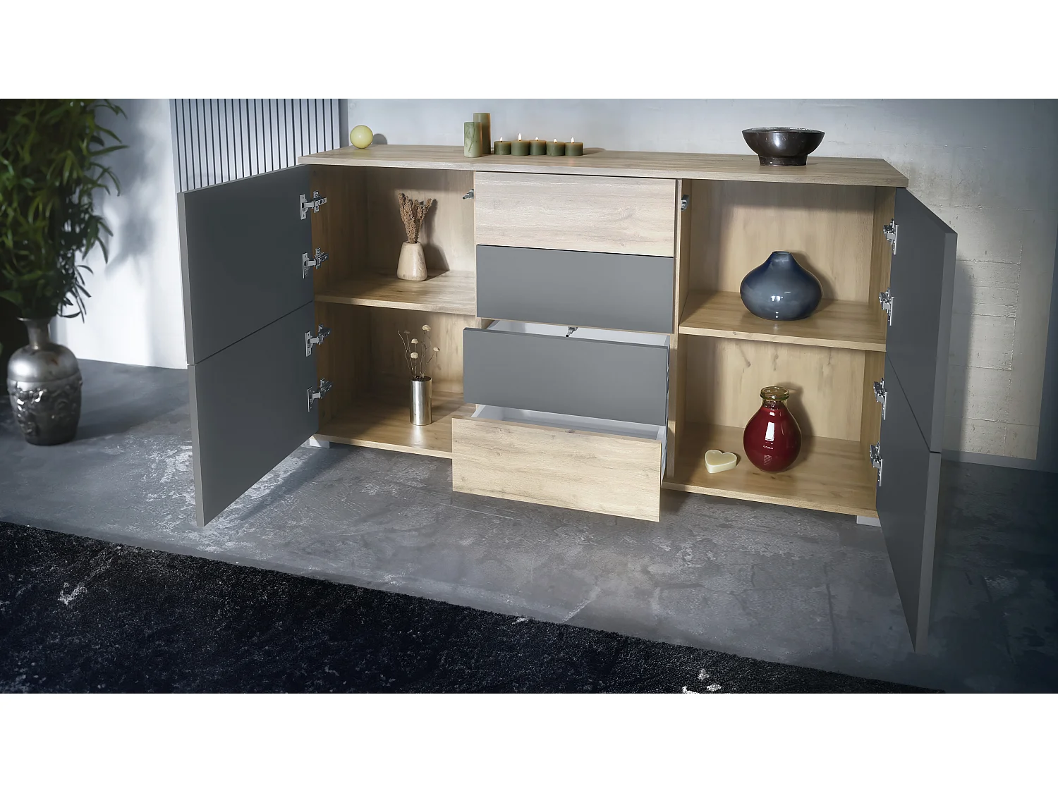 Buffet Rova V1 – Meuble avec 4 Portes et 4 Tiroirs, Chêne Evoke/Chêne Evoke (138,5 x 75,5 x 35)
