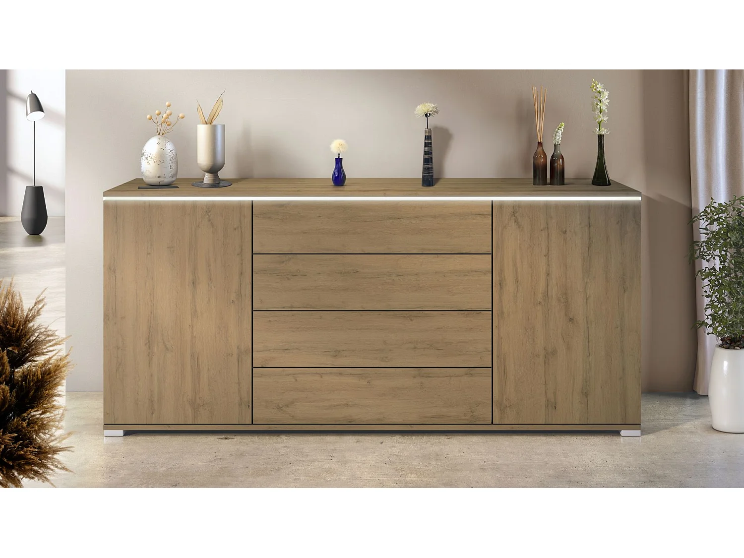 Buffet Faro V2 – Meuble avec 2 Portes & 4 Tiroirs, Armoire avec Bande LED Lumineuse, Chêne Evoke / Chêne Evoke (166,5 x 75,5 x 35)