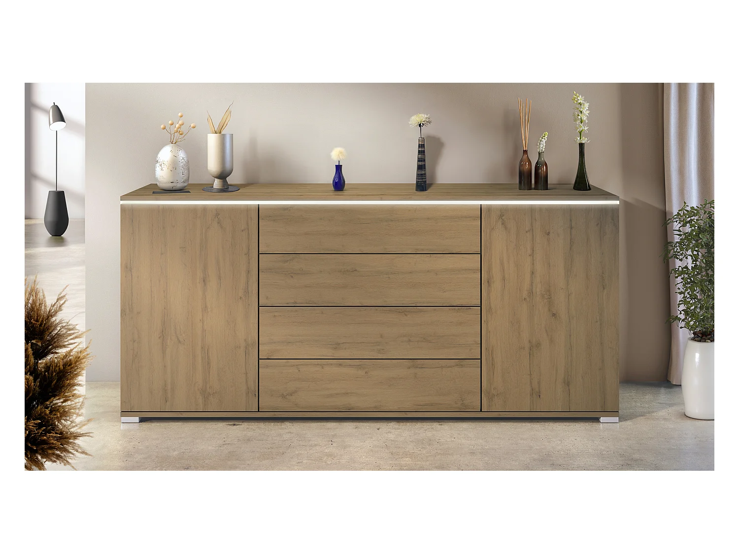 Buffet Faro V2 – Meuble avec 2 Portes & 4 Tiroirs, Armoire avec Bande LED Lumineuse, Chêne Evoke / Chêne Evoke (166,5 x 75,5 x 35)