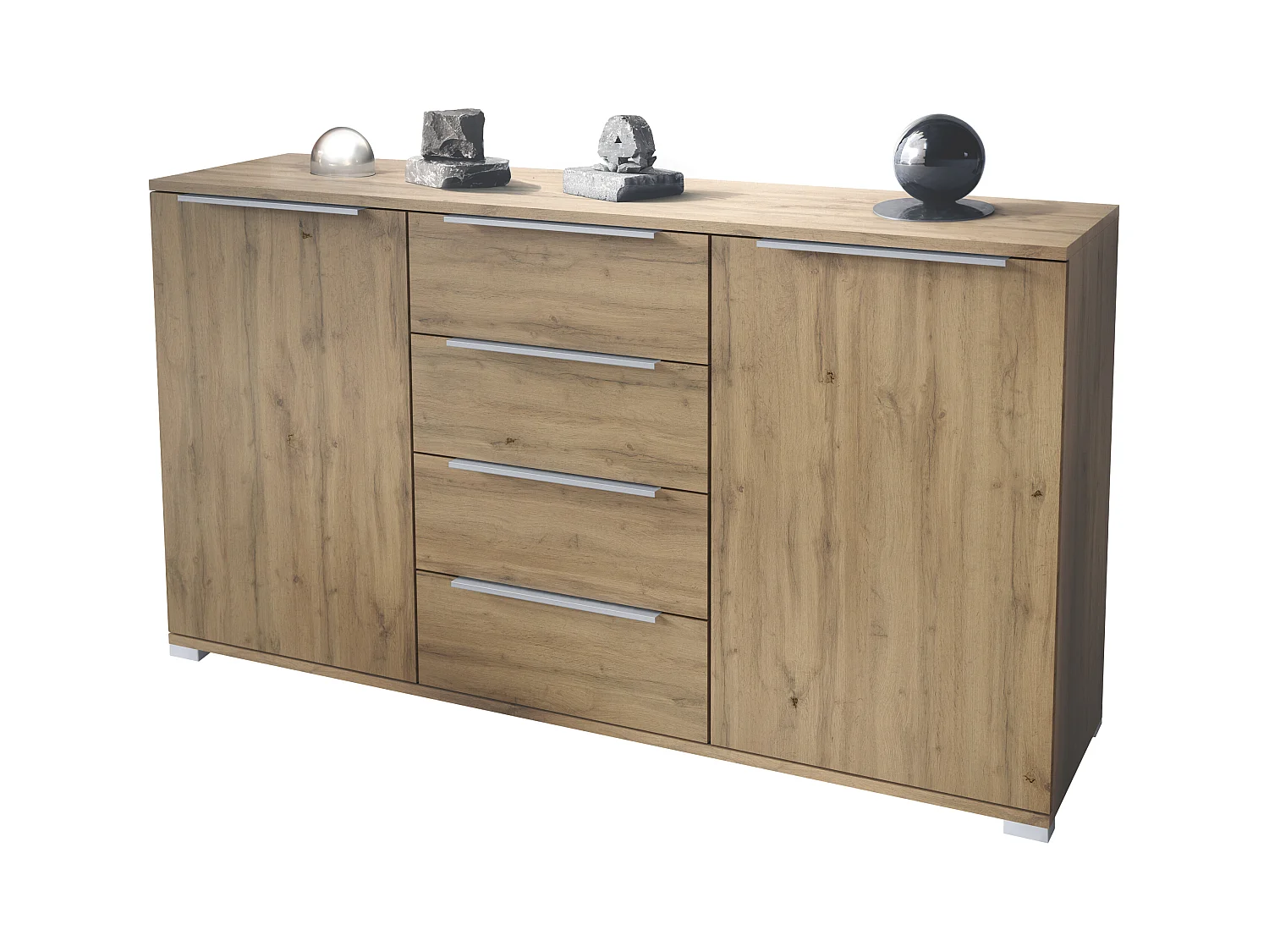 Buffet Linio V1, Enfilade avec 2 portes et 4 tiroirs, Chêne Evoke / Chêne Evoke (138,5 x 75,5 x 35 cm)