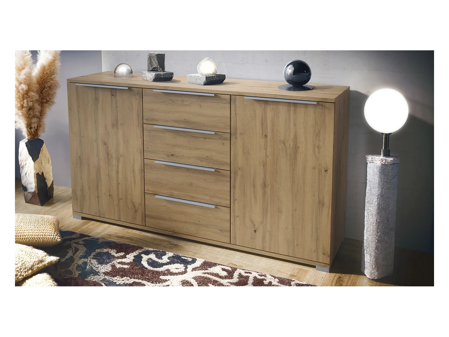 Buffet Linio V1, Enfilade avec 2 portes et 4 tiroirs, Chêne Evoke / Chêne Evoke (138,5 x 75,5 x 35 cm)