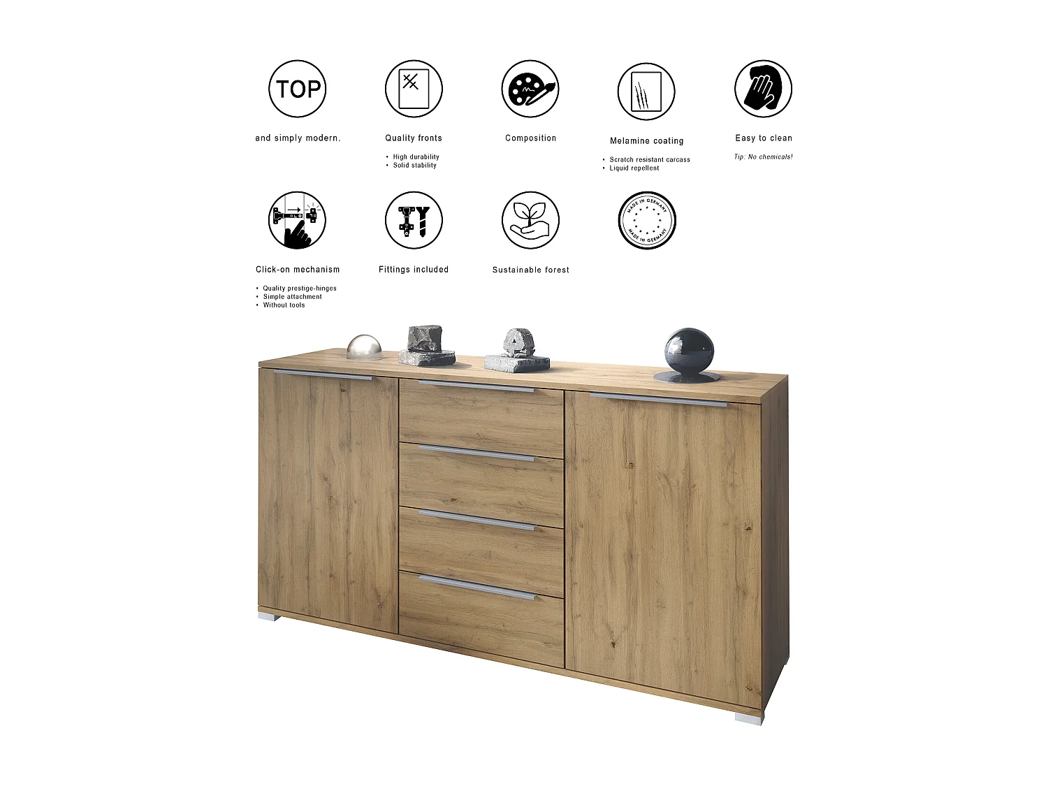 Buffet Linio V1, Enfilade avec 2 portes et 4 tiroirs, Chêne Evoke / Chêne Evoke (138,5 x 75,5 x 35 cm)