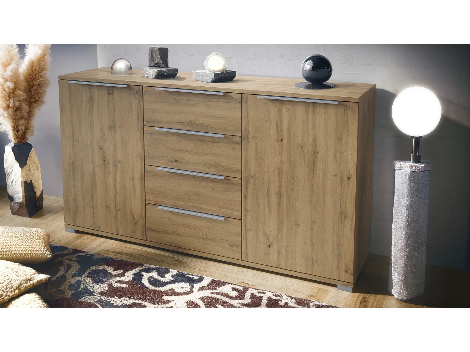 Buffet Linio V1, Enfilade avec 2 portes et 4 tiroirs, Chêne Evoke / Chêne Evoke (138,5 x 75,5 x 35 cm)