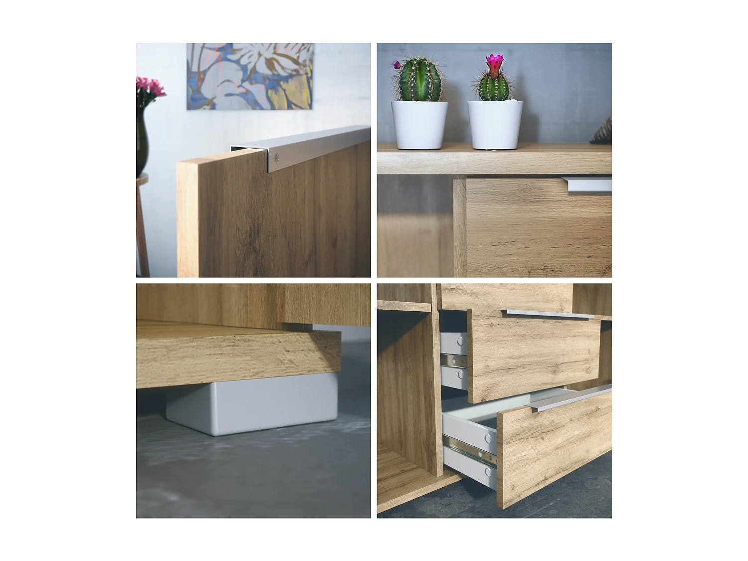 Buffet Linio V1, Enfilade avec 2 portes et 4 tiroirs, Chêne Evoke / Chêne Evoke (138,5 x 75,5 x 35 cm)