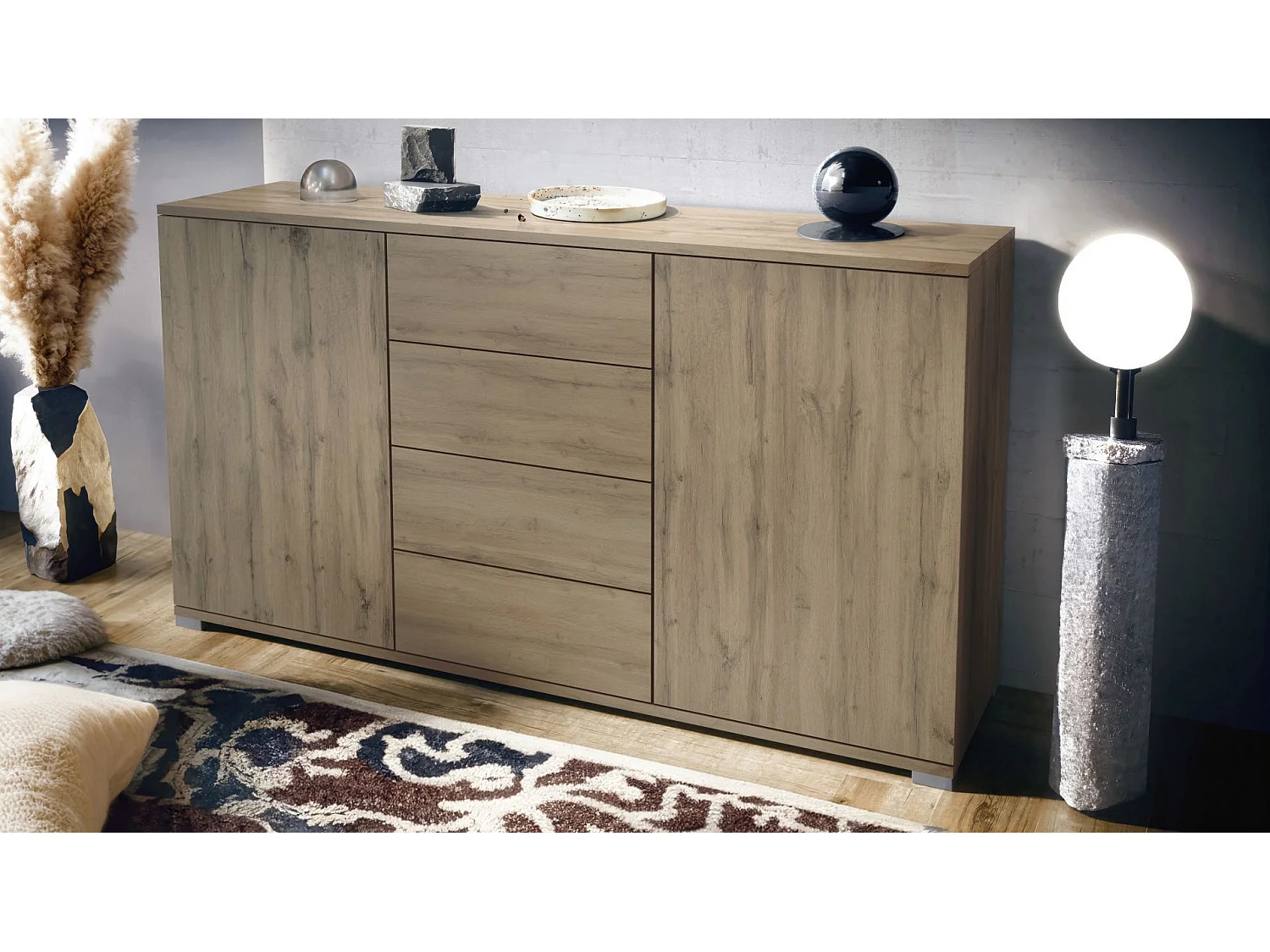 Buffet Santo V1, Enfilade avec 2 portes et 4 tiroirs, Chêne Evoke / Chêne Evoke (138,5 x 75,5 x 35 cm)