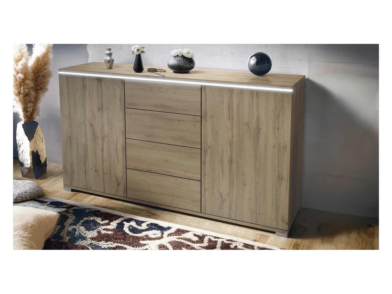 Buffet Faro V1 – Meuble avec 2 Portes & 4 Tiroirs, Armoire avec Bande LED Lumineuse, Chêne Evoke / Chêne Evoke (138,5 x 75,5 x 35)