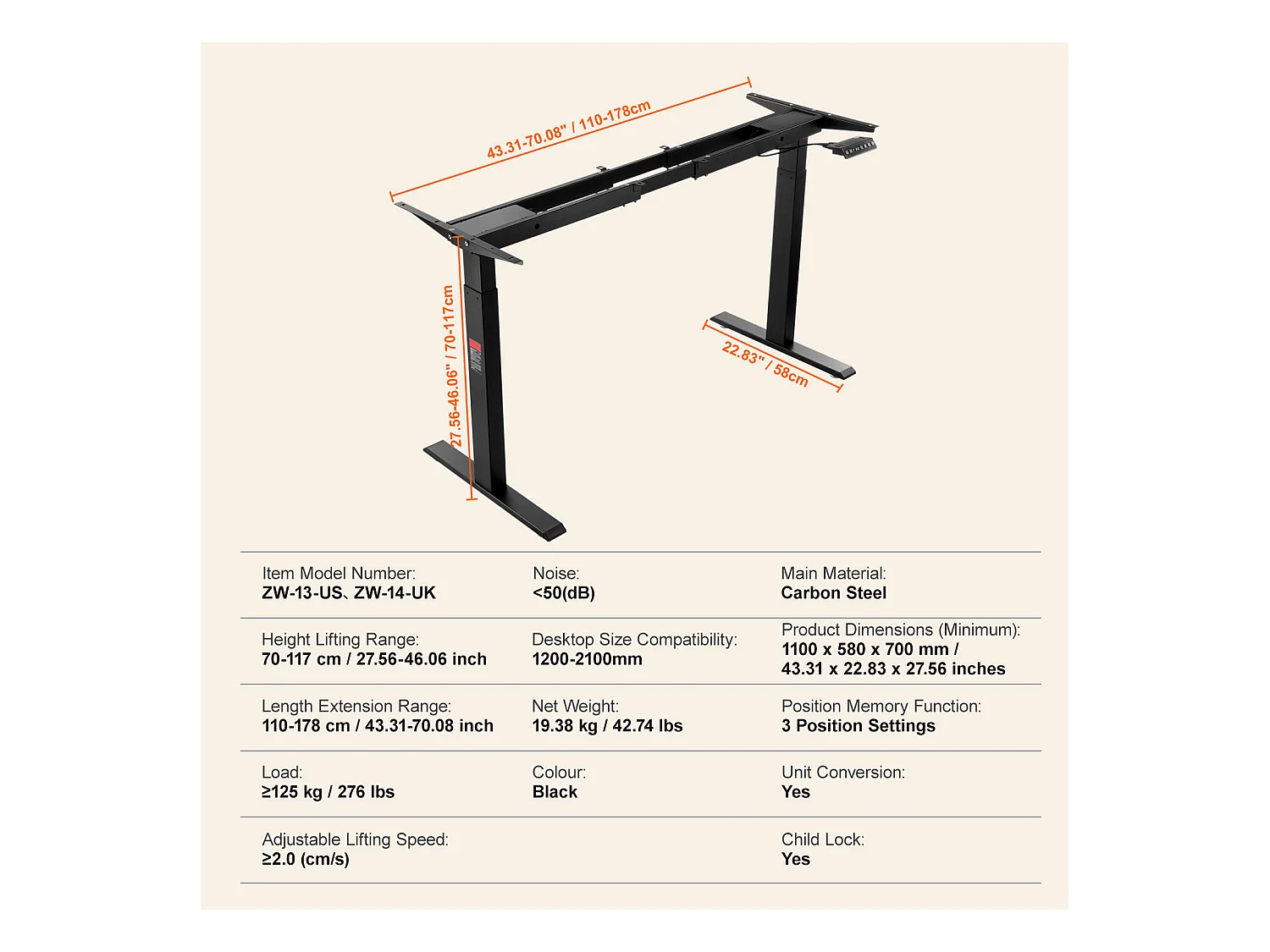 Cadre de Bureau SucceBuy Debout Électrique à Double Moteur,Base de Poste de Travail Ergonomique pour Maison, Bureau, Noir