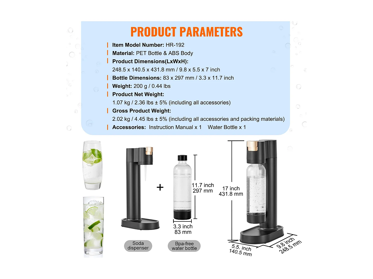 Machine à Eau Pétillante SucceBuy, Carbonateur de Soda pour Usage Domestique, Machine à Eau de Seltz avec Bouteille PET de 1 L sans BPA, Noir
