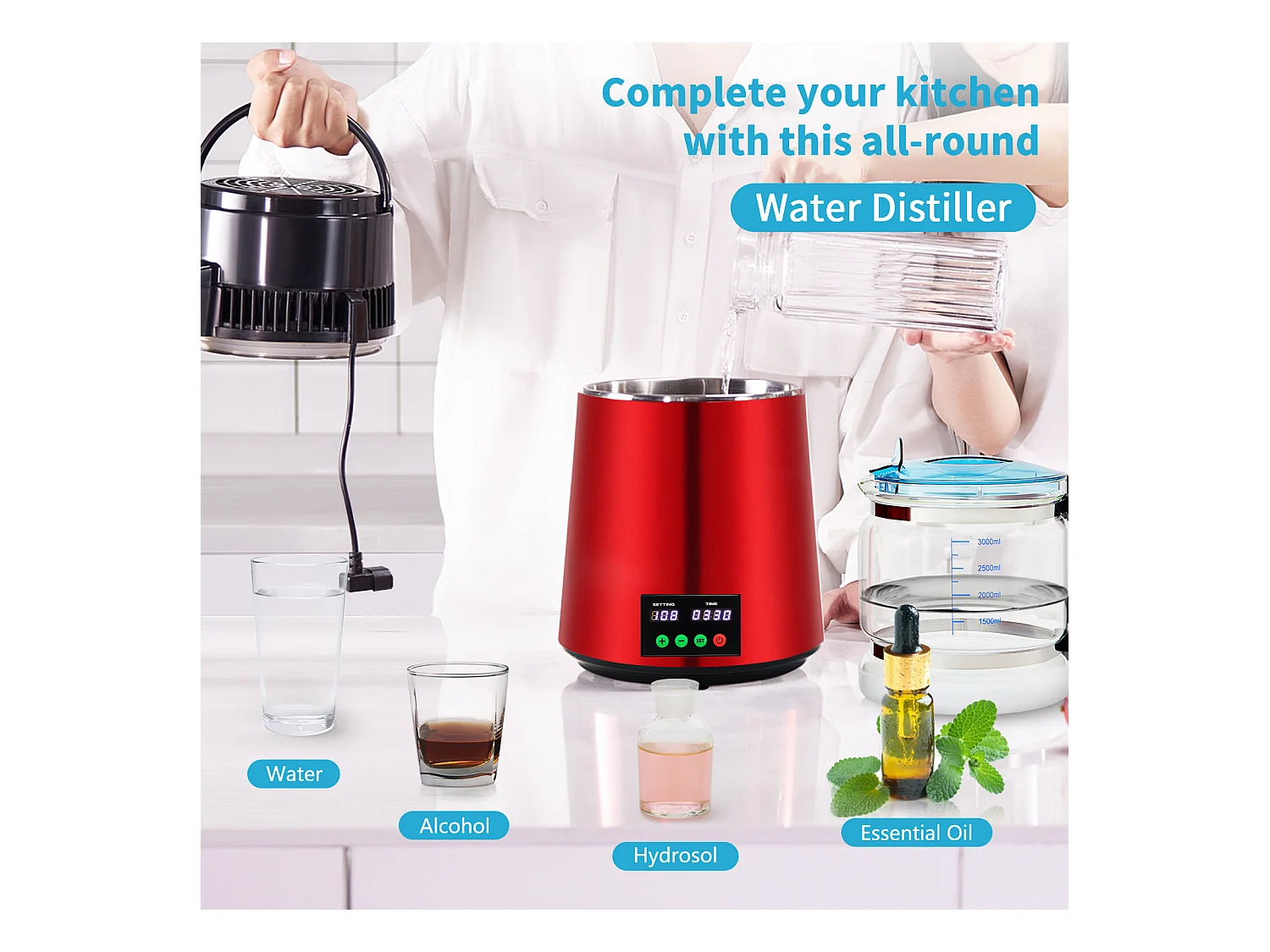 Machine a Eau Distillee SucceBuy, 4L 1L/H avec Minuterie et Affichage de la Température, Rouge