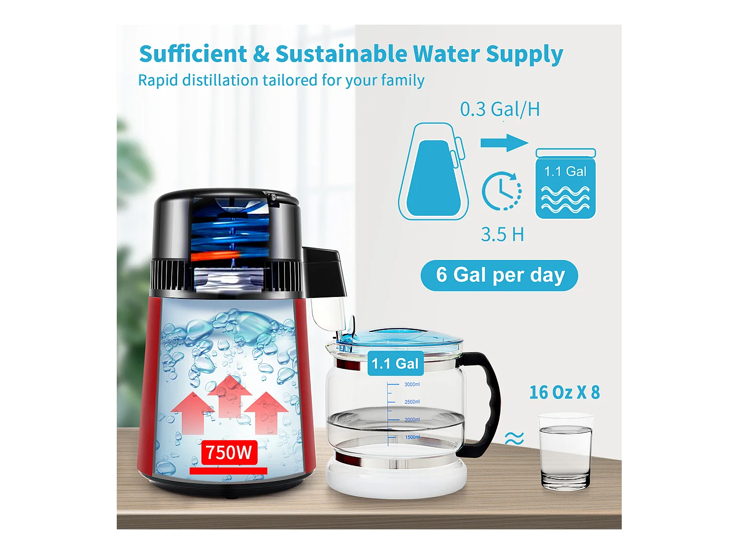 Machine a Eau Distillee SucceBuy, 4L 1L/H avec Minuterie et Affichage de la Température, Rouge