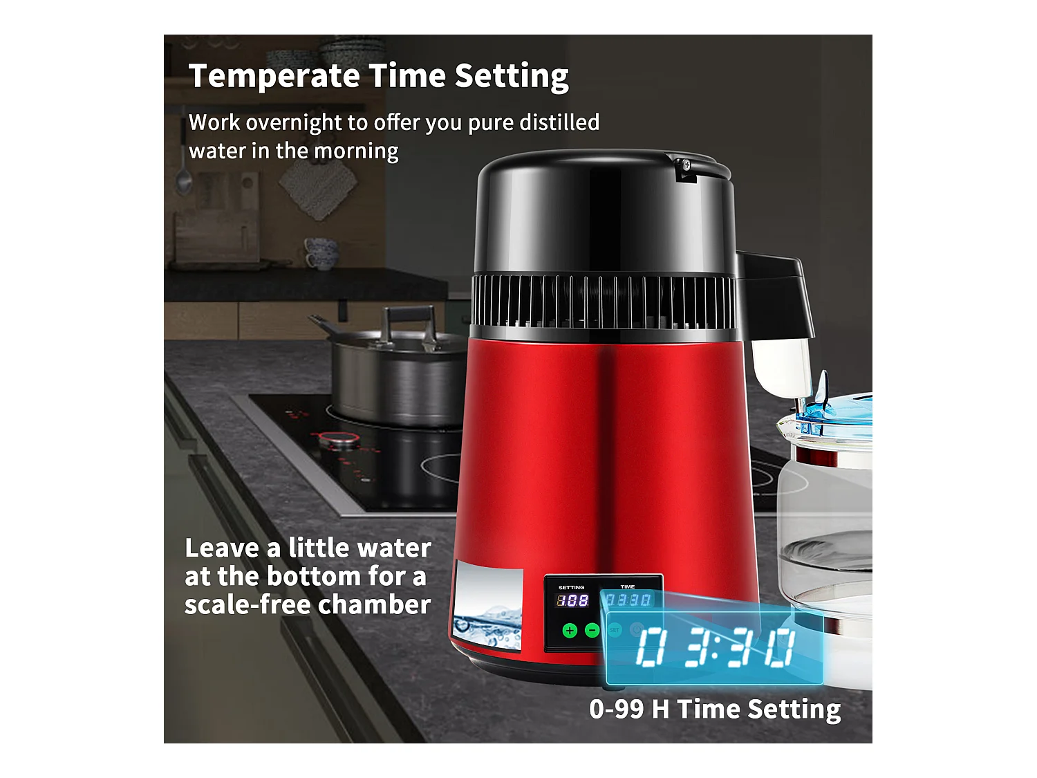 Machine a Eau Distillee SucceBuy, 4L 1L/H avec Minuterie et Affichage de la Température, Rouge