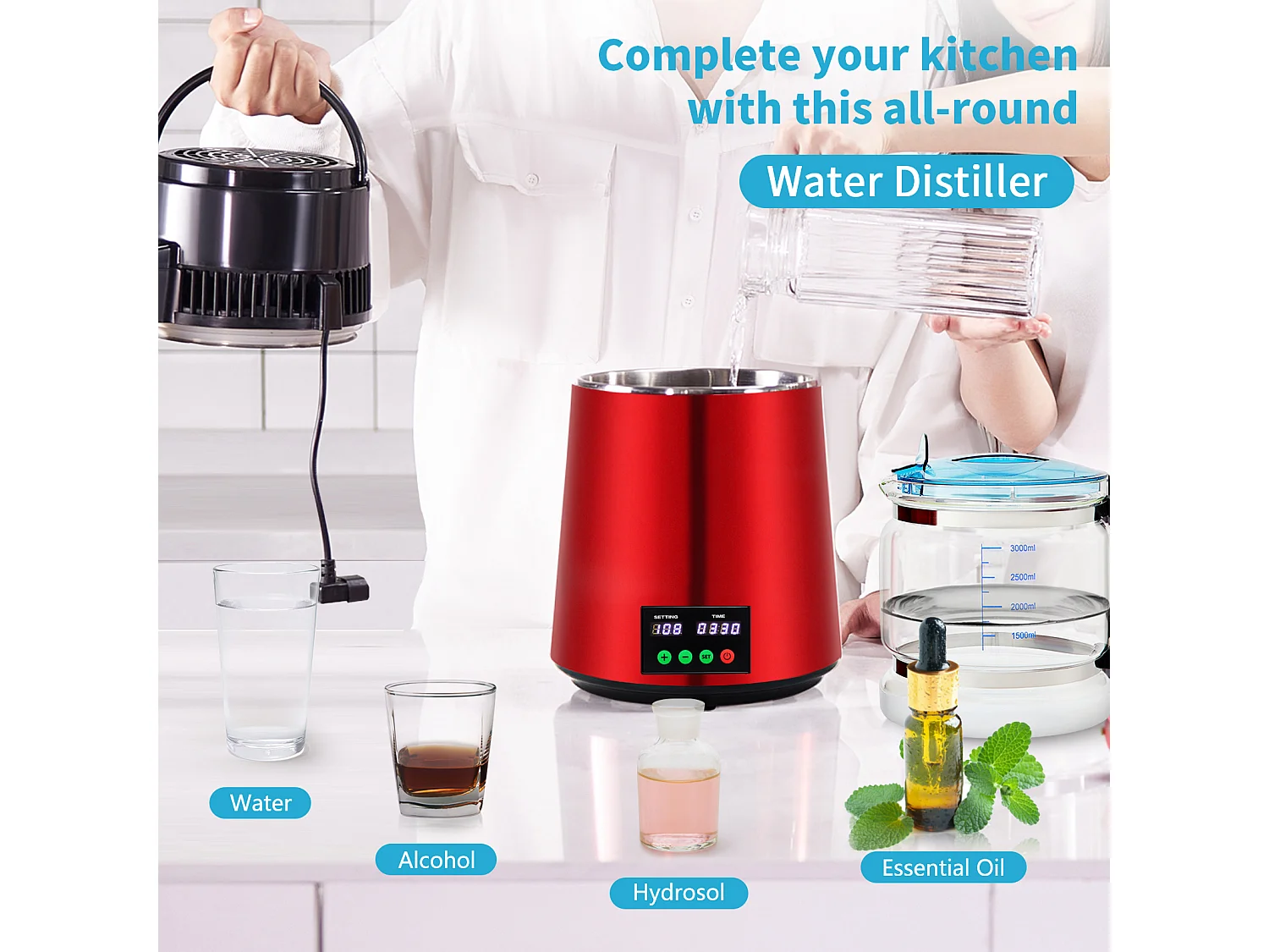 Machine a Eau Distillee SucceBuy, 4L 1L/H avec Minuterie et Affichage de la Température, Rouge