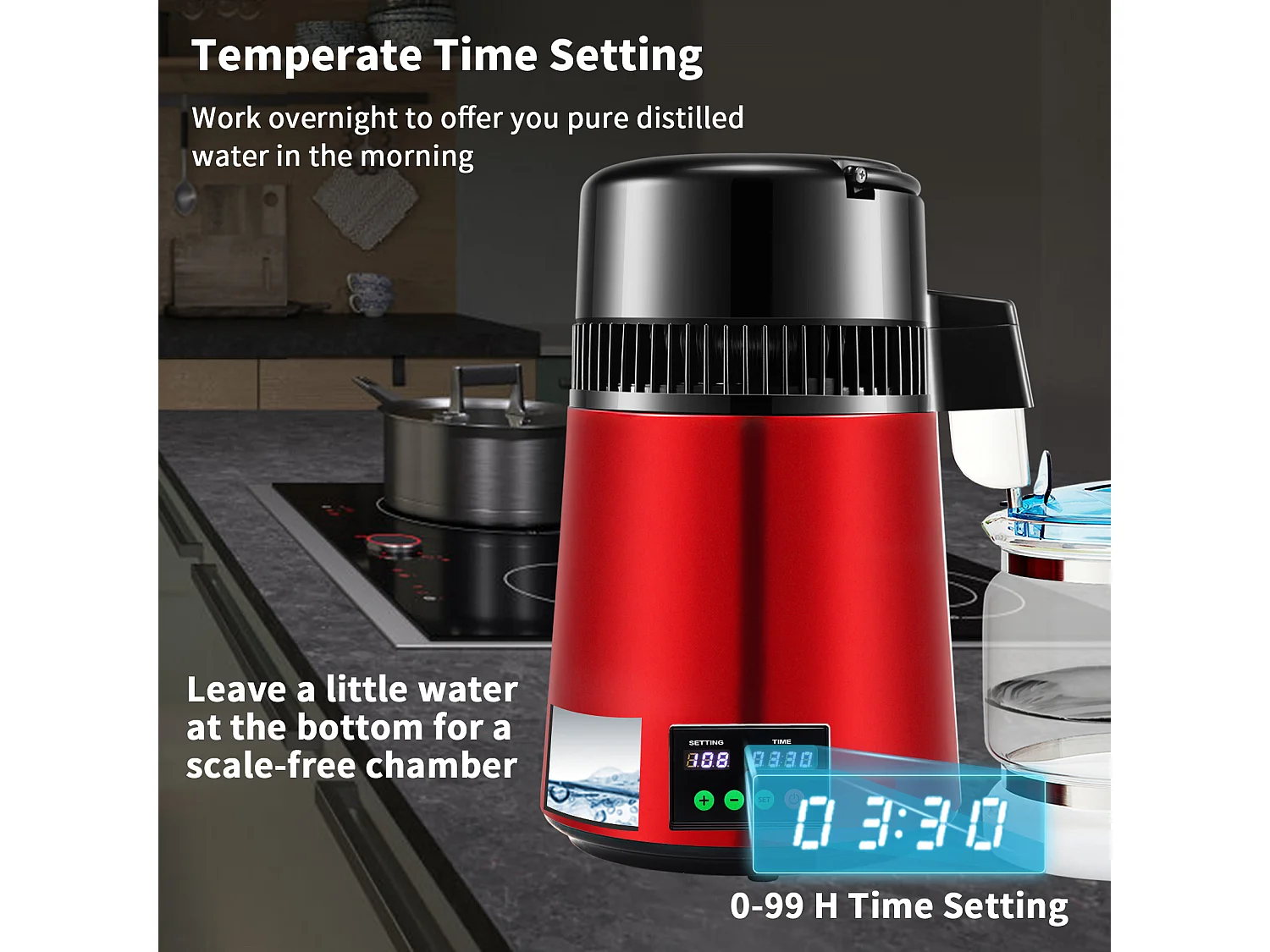 Machine a Eau Distillee SucceBuy, 4L 1L/H avec Minuterie et Affichage de la Température, Rouge