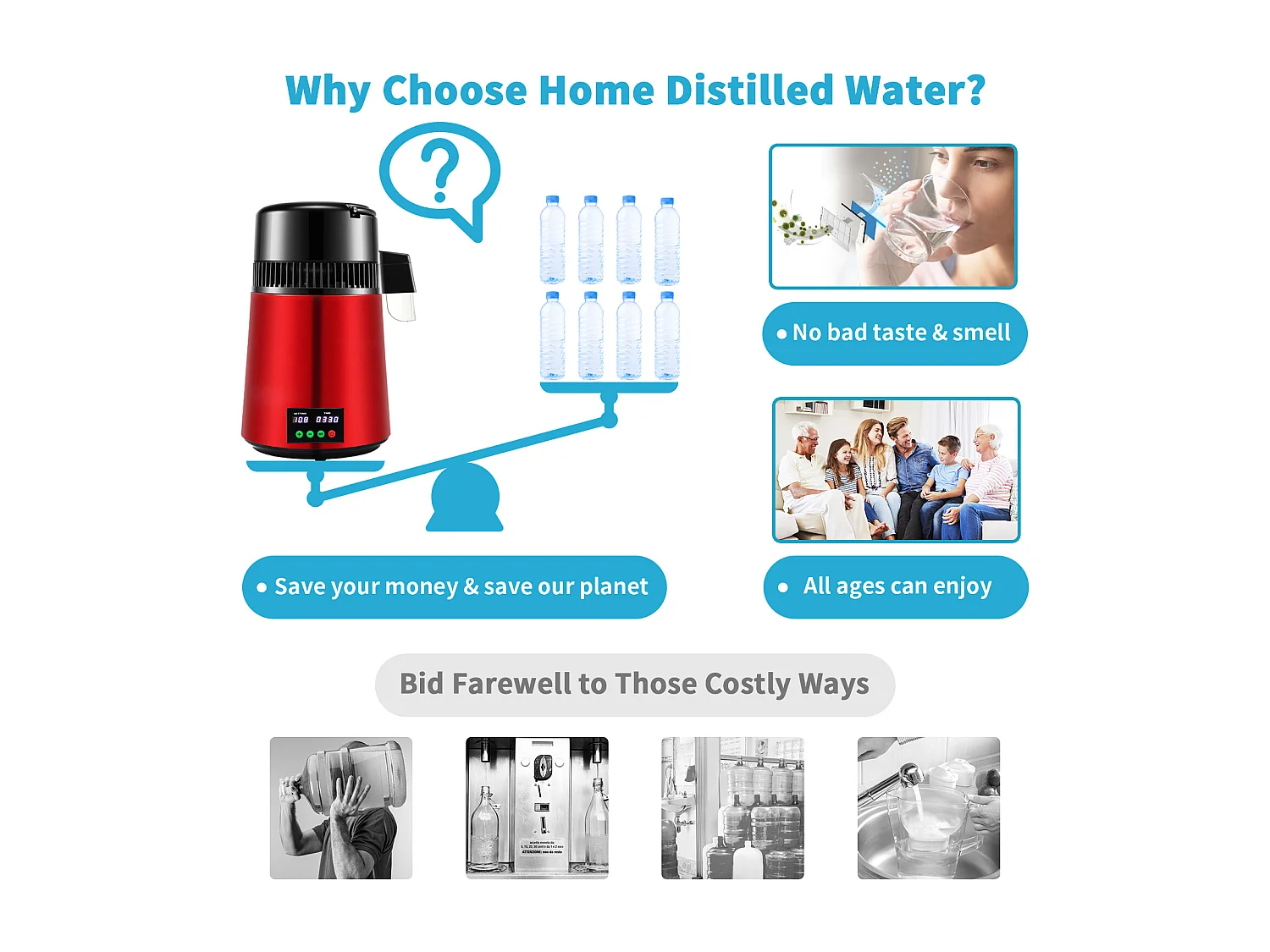 Machine a Eau Distillee SucceBuy, 4L 1L/H avec Minuterie et Affichage de la Température, Rouge