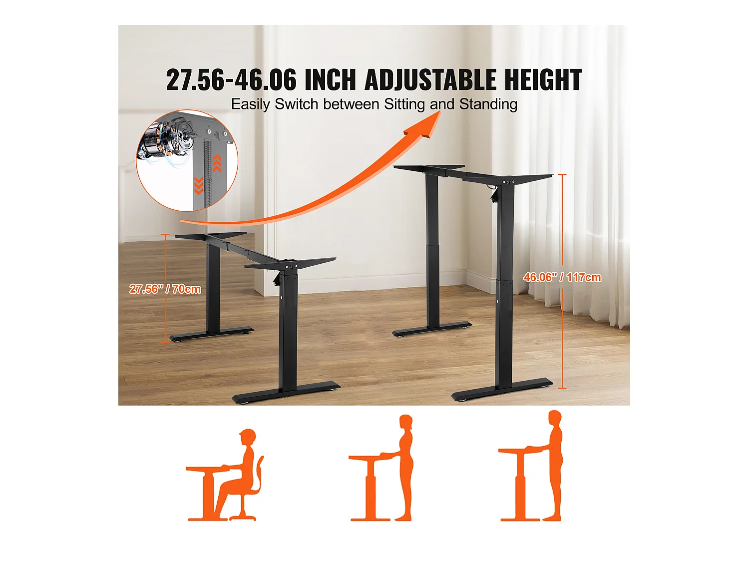 Cadre de Bureau Réglable SucceBuy en Hauteur , 70-117 cm H Noir Bureau/Maison, Base de Poste de Travail Ergonomique pour Maison, Bureau, Noir