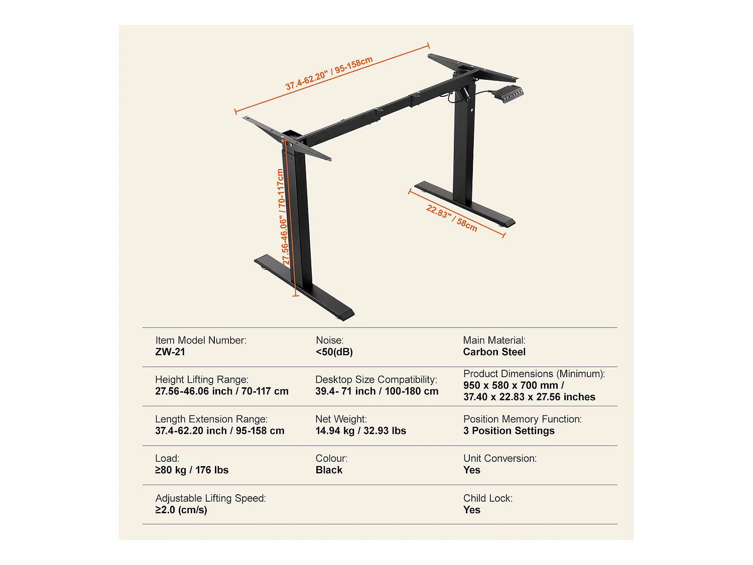 Cadre de Bureau Réglable SucceBuy en Hauteur , 70-117 cm H Noir Bureau/Maison, Base de Poste de Travail Ergonomique pour Maison, Bureau, Noir