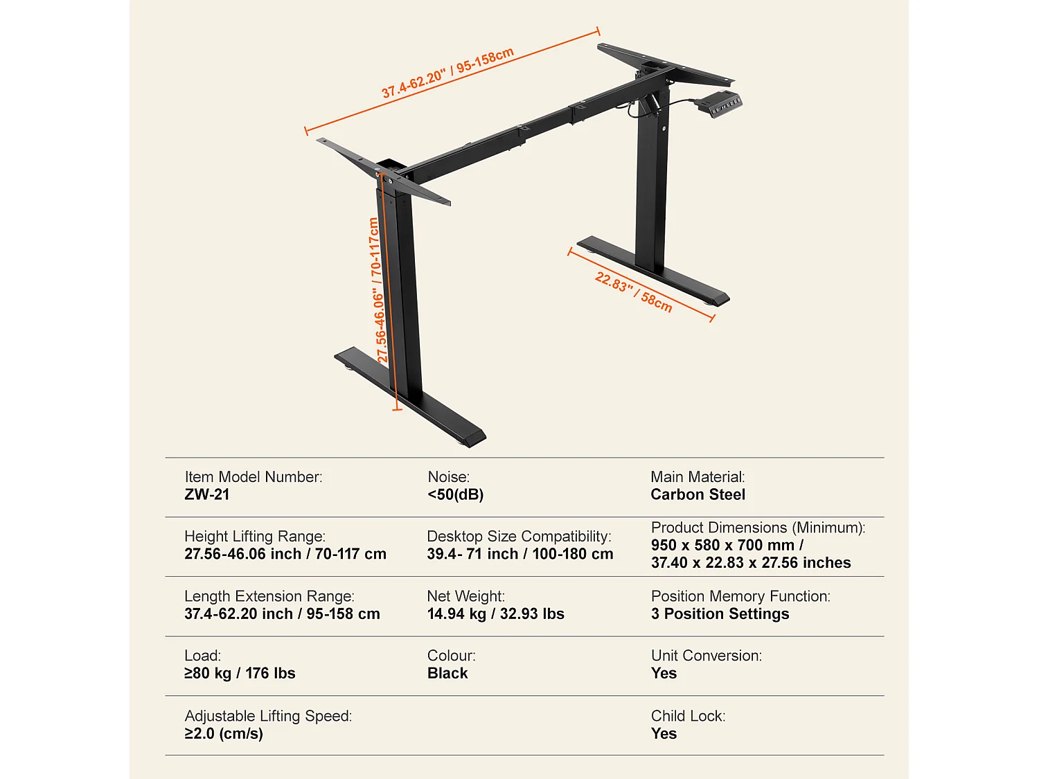 Cadre de Bureau Réglable SucceBuy en Hauteur , 70-117 cm H Noir Bureau/Maison, Base de Poste de Travail Ergonomique pour Maison, Bureau, Noir