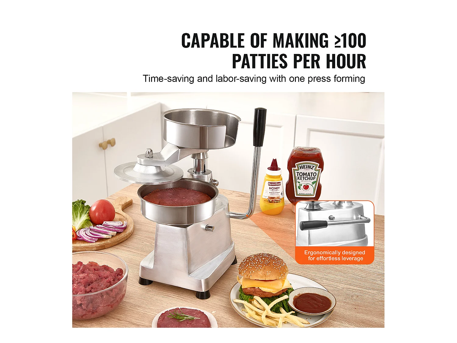 Presse à Hamburger SucceBuy Machine à Galettes de Hamburger 15cm, Presse Commerciale, Formage de Viande, Cuisine, 110 V, Acier Inoxydable/Argent