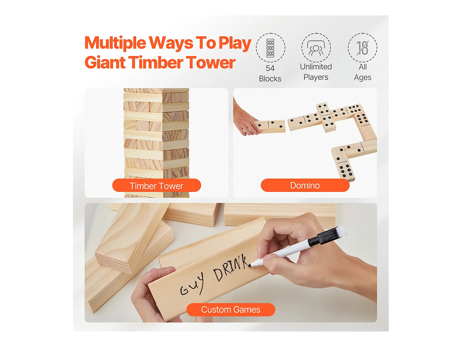 Jouet en Bois à Bascule SucceBuy, 54 Blocs, Tour à Bascule Amusante avec Caisse en Bois de Pin.