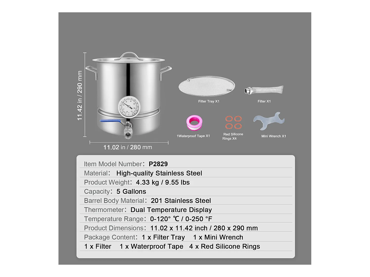 Cuve de Brassage SucceBuy en Acier Inoxydable de 19L, Bouilloire à Fond Triple Épaisseur, Fournitures de Brassage Maison, Couvercle, Thermomètre