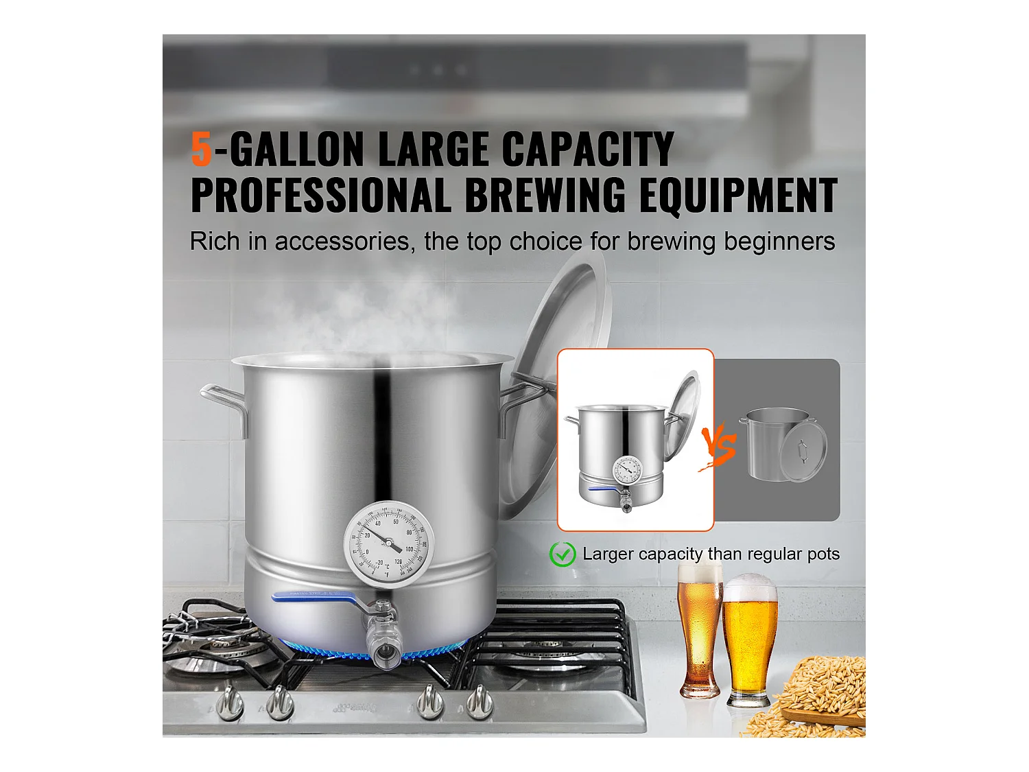Cuve de Brassage SucceBuy en Acier Inoxydable de 19L, Bouilloire à Fond Triple Épaisseur, Fournitures de Brassage Maison, Couvercle, Thermomètre