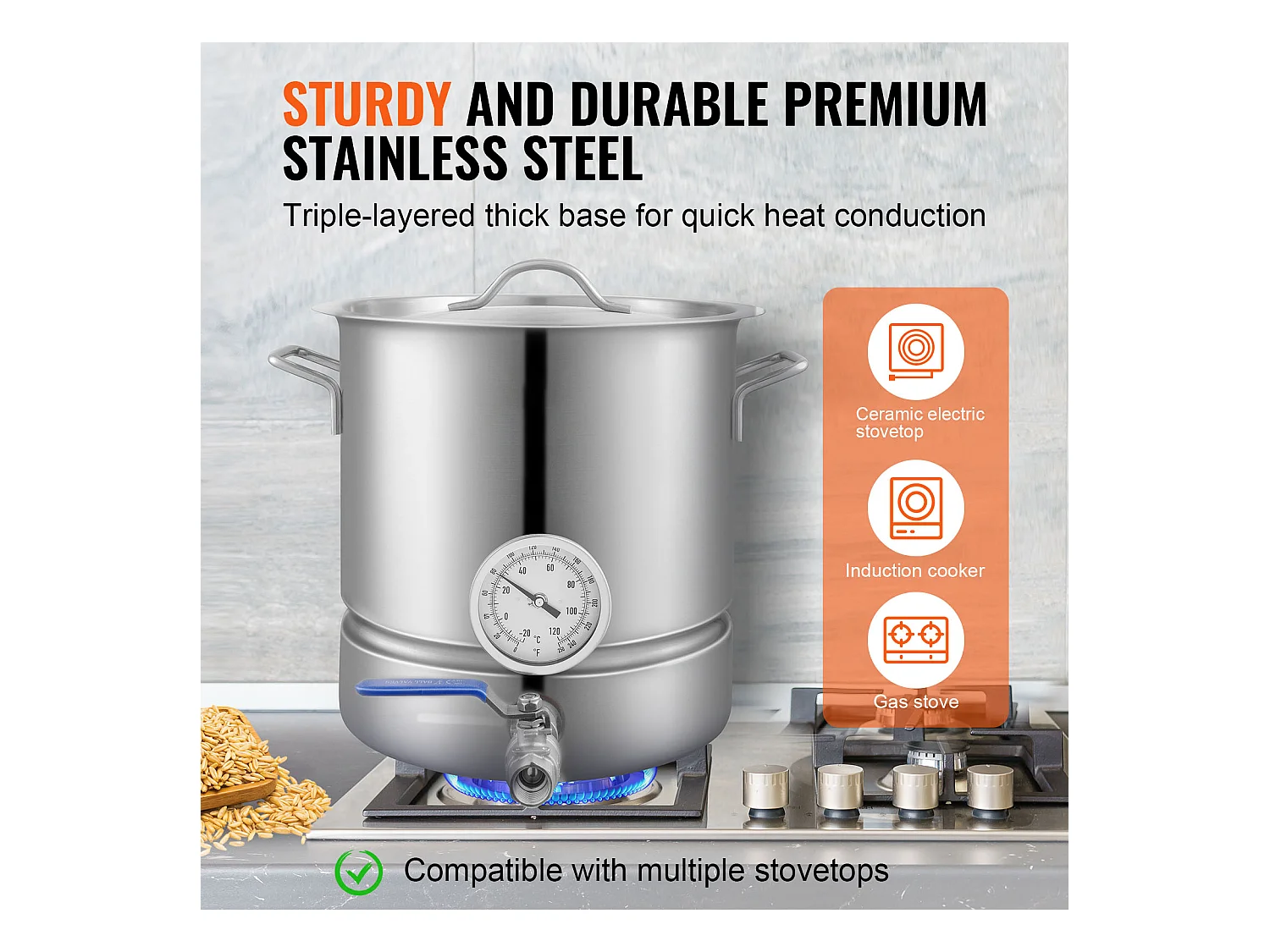 Cuve de Brassage SucceBuy en Acier Inoxydable de 19L, Bouilloire à Fond Triple Épaisseur, Fournitures de Brassage Maison, Couvercle, Thermomètre