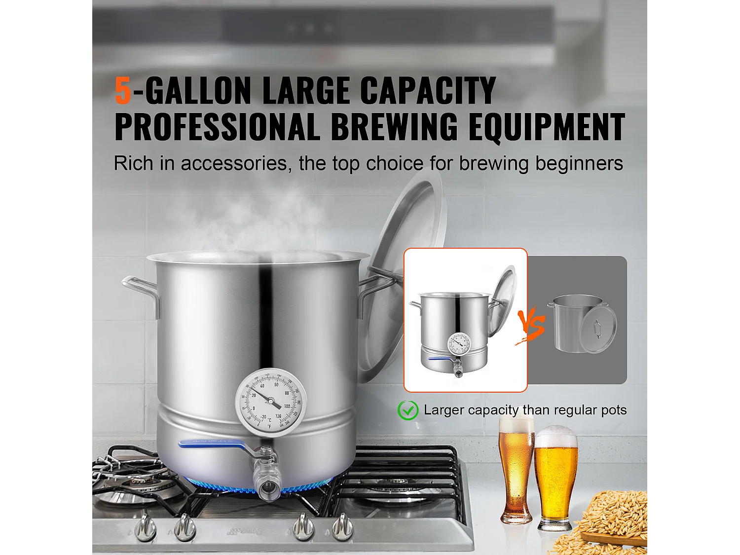 Caldera de Elaboración de Cerveza SucceBuy de Acero Inoxidable de 19L, Hervidor de Fondo Triple, Suministros de Elaboración de Cerveza Casera, Tapa, Termómetro