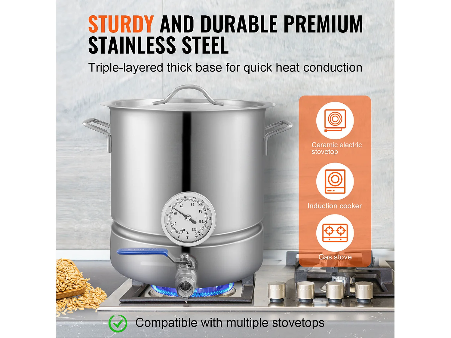 Caldera de Elaboración de Cerveza SucceBuy de Acero Inoxidable de 19L, Hervidor de Fondo Triple, Suministros de Elaboración de Cerveza Casera, Tapa, Termómetro