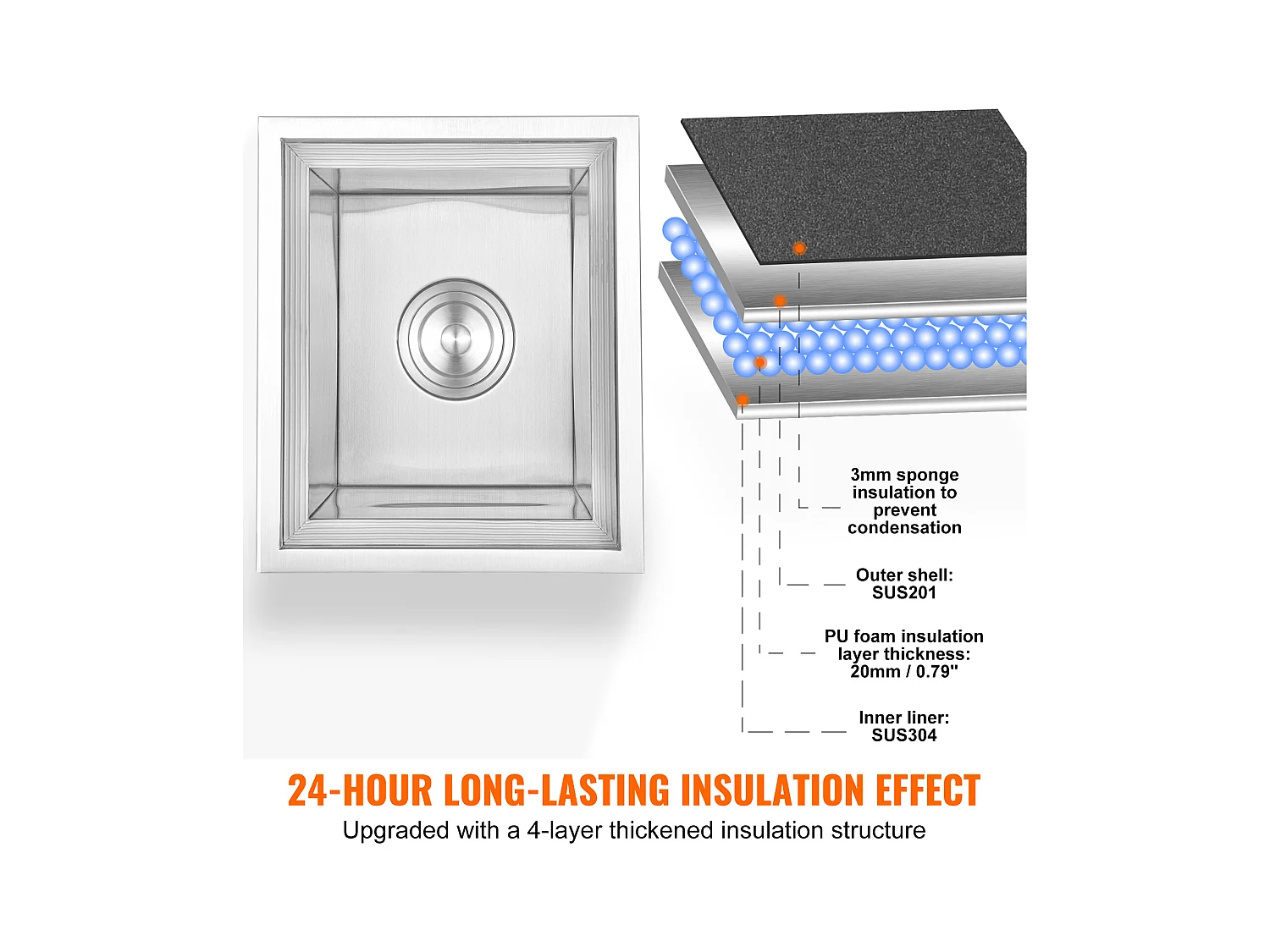 Inbouw Diepvrieskist SucceBuy, 35,6 x 30,5 x 45,7 cm, RVS Koelbox met Deksel, voor Dranken, Bar Thuis