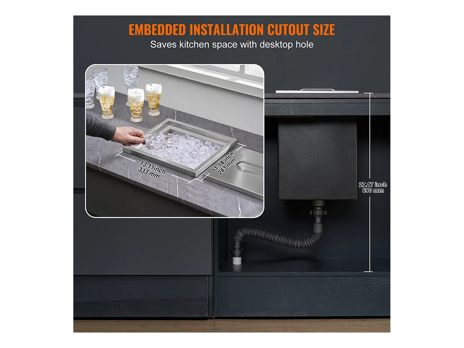 Inbouw Diepvrieskist SucceBuy, 35,6 x 30,5 x 45,7 cm, RVS Koelbox met Deksel, voor Dranken, Bar Thuis