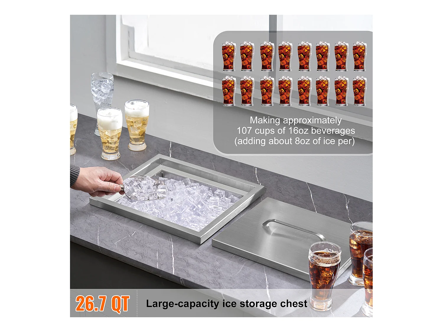 Coffre à Glace Encastrable SucceBuy, 35,6 x 30,5 x 45,7 cm, Glacière en Acier Inoxydable avec Couvercle