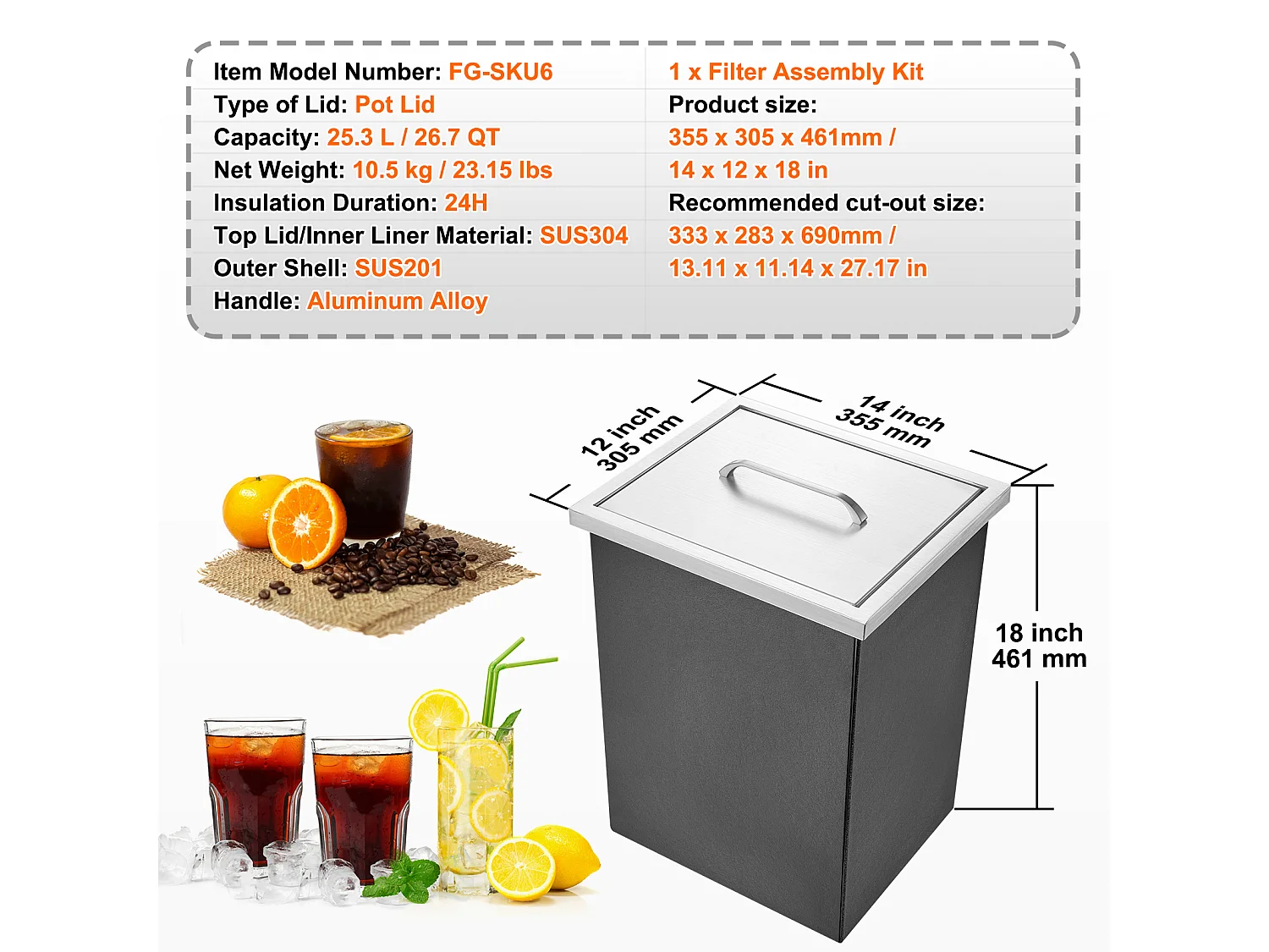 Coffre à Glace Encastrable SucceBuy, 35,6 x 30,5 x 45,7 cm, Glacière en Acier Inoxydable avec Couvercle