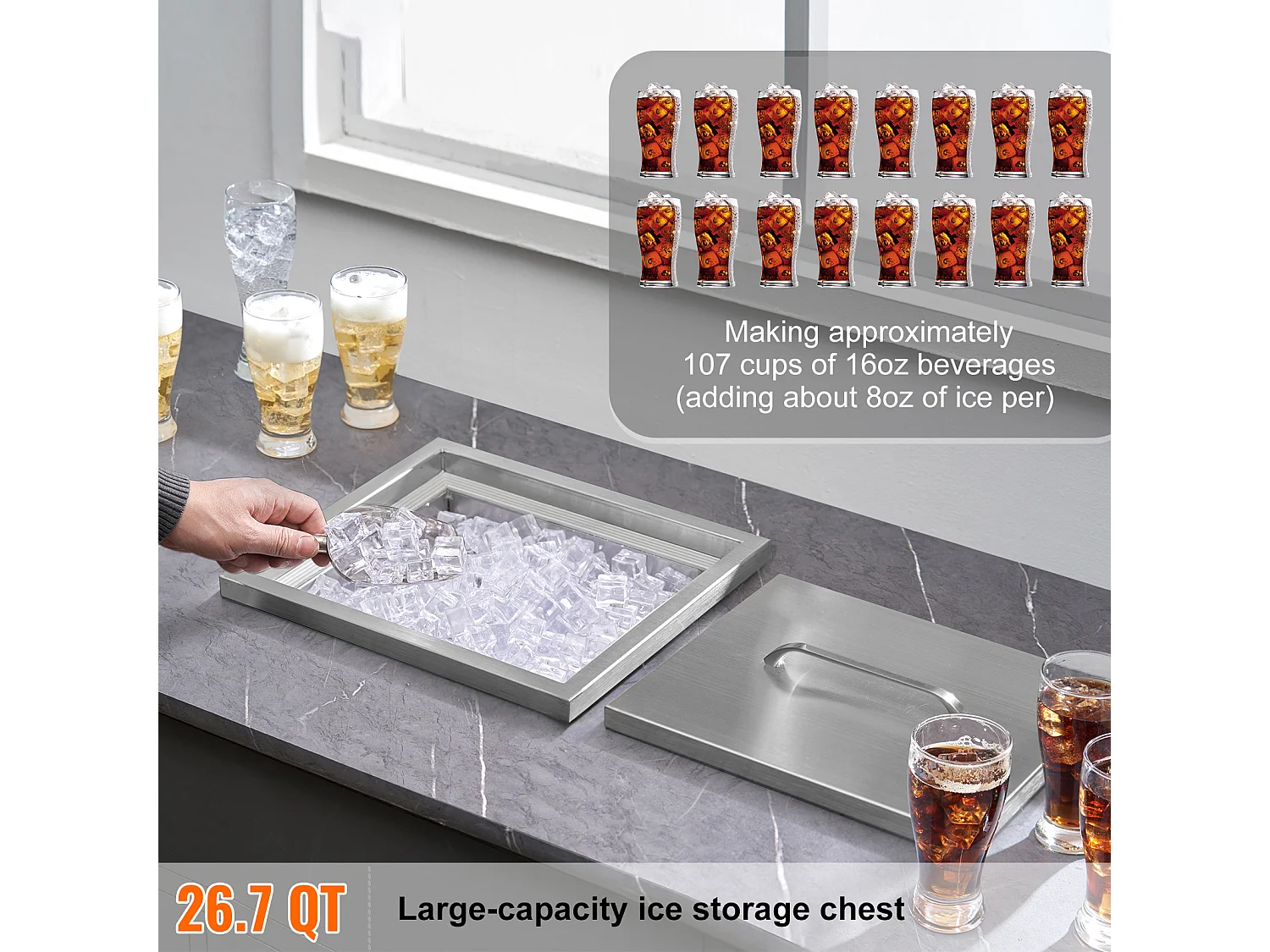 Coffre à Glace Encastrable SucceBuy, 35,6 x 30,5 x 45,7 cm, Glacière en Acier Inoxydable avec Couvercle