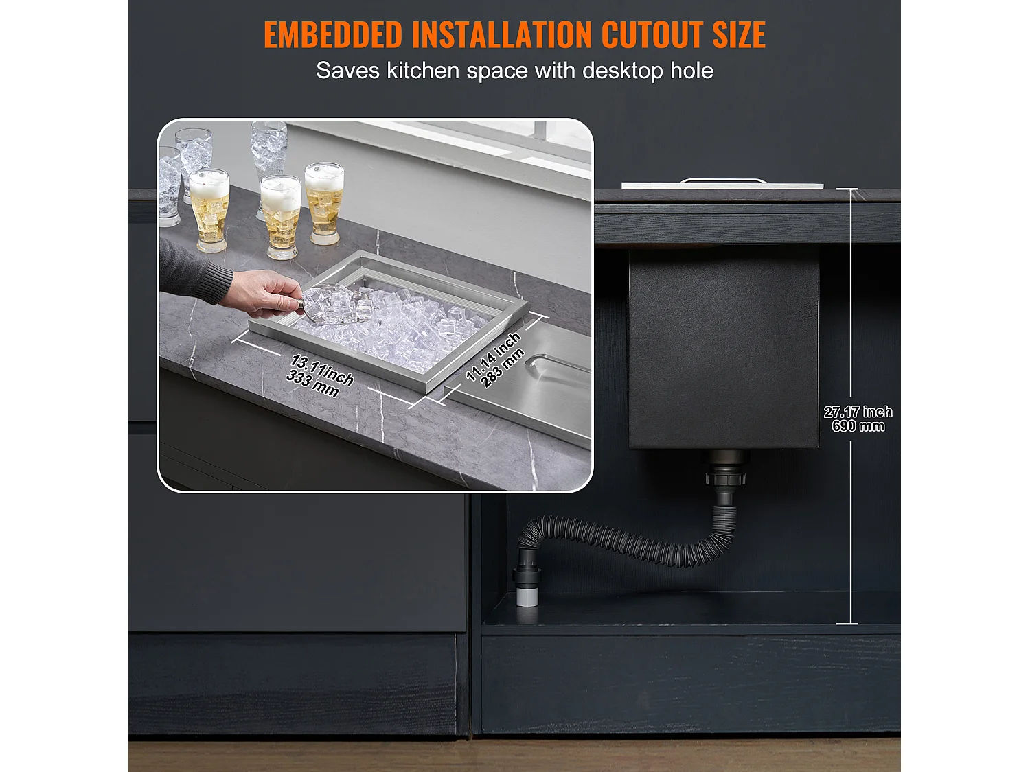 Coffre à Glace Encastrable SucceBuy, 35,6 x 30,5 x 45,7 cm, Glacière en Acier Inoxydable avec Couvercle