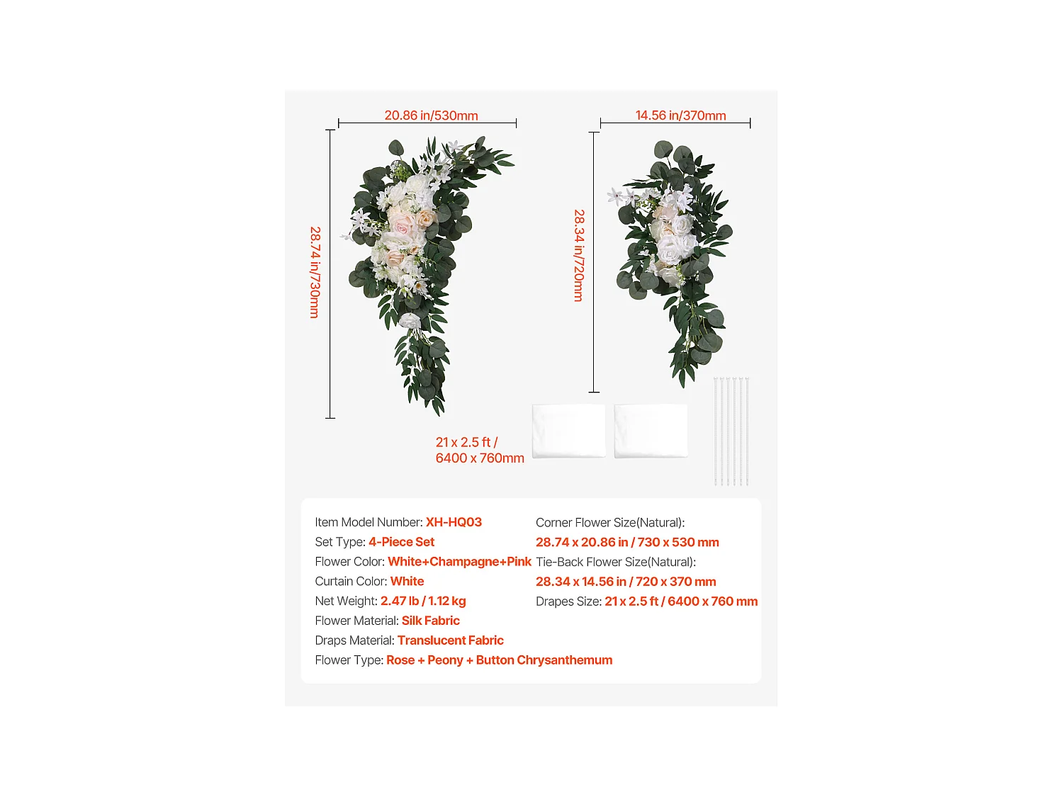 Arche de Mariage SucceBuy Kit de Fleurs Artificielles pour Arche de Mariage - Blanc, 2 Fleurs et 2 Rideaux