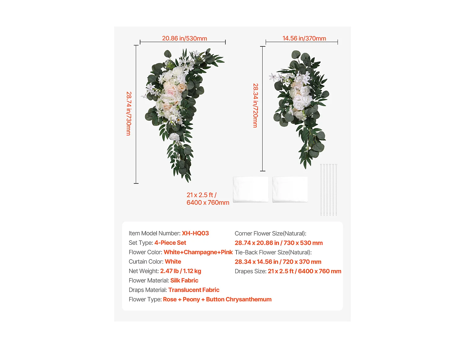 Arco de Boda SucceBuy Kit de Flores Artificiales para Arco de Boda, Blanco, 2 Flores y 2 Cortinas