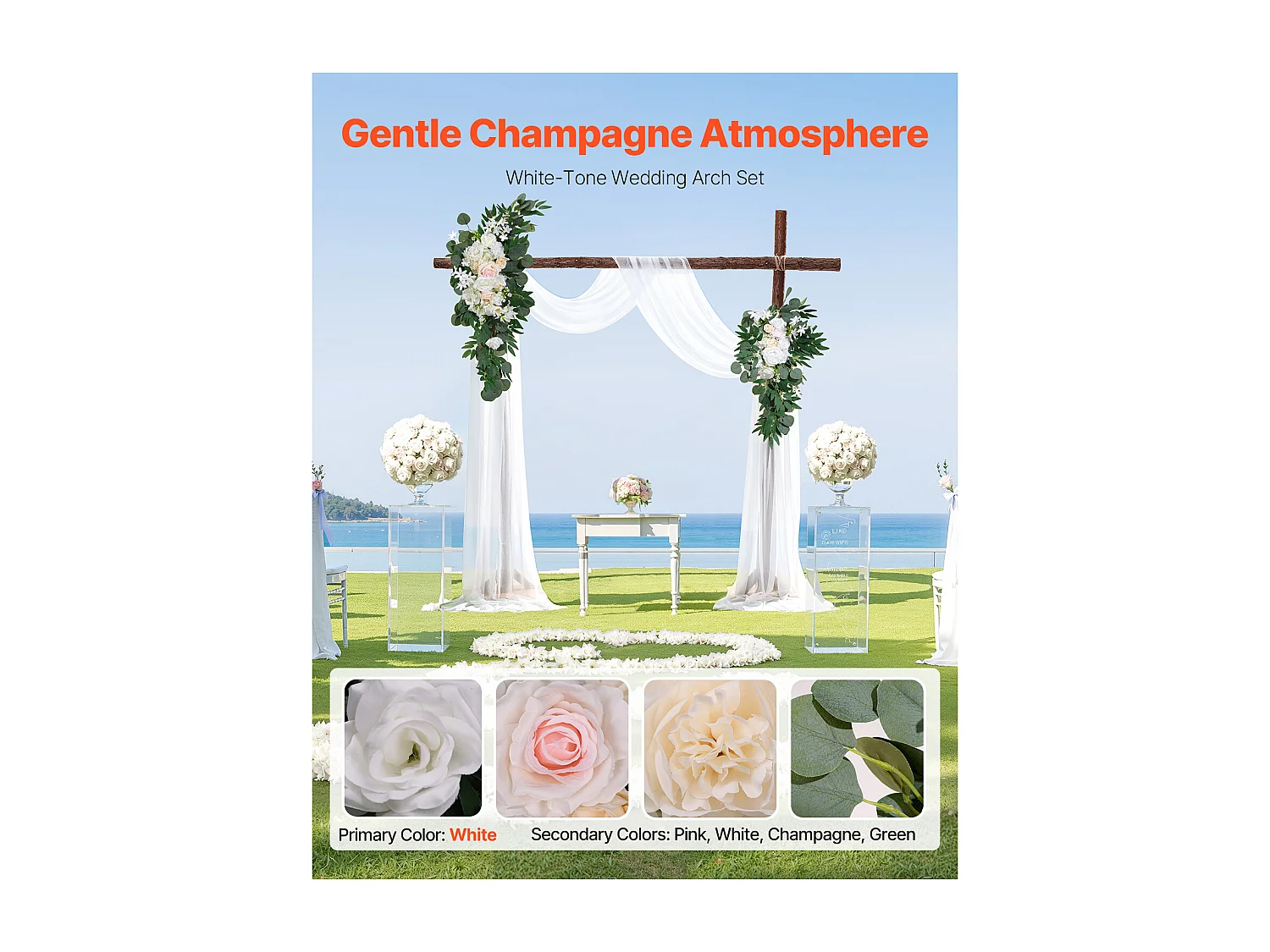 Arco de Boda SucceBuy Kit de Flores Artificiales para Arco de Boda, Blanco, 2 Flores y 2 Cortinas